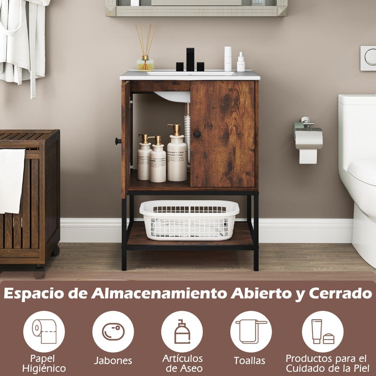 Unidad de Tocador para Baño con Lavabo de Cerámica Armario de Almacenamiento Bajo Lavabo con 2 Puertas y Estante Mueble Independiente Marrón