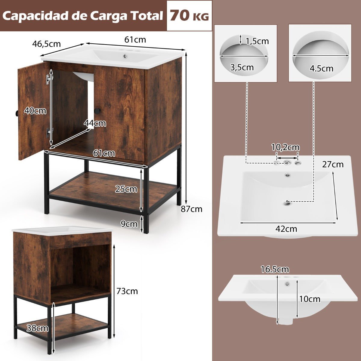 Unidad de Tocador para Baño con Lavabo de Cerámica Armario de Almacenamiento Bajo Lavabo con 2 Puertas y Estante Mueble Independiente Marrón