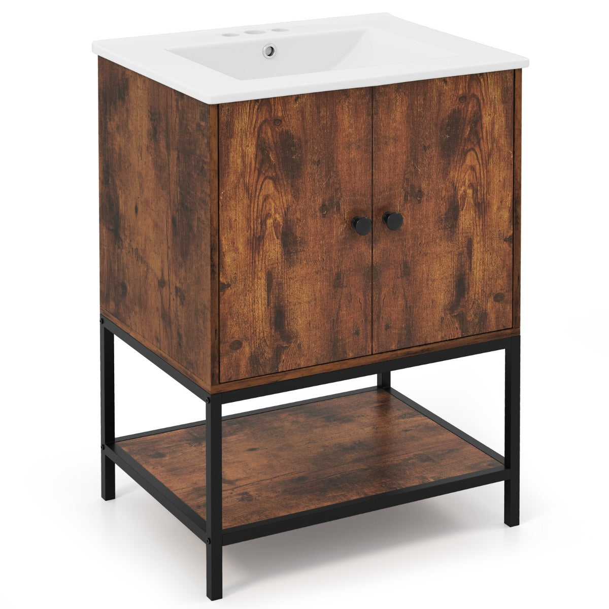 Unidad de Tocador para Baño con Lavabo de Cerámica Armario de Almacenamiento Bajo Lavabo con 2 Puertas y Estante Mueble Independiente Marrón