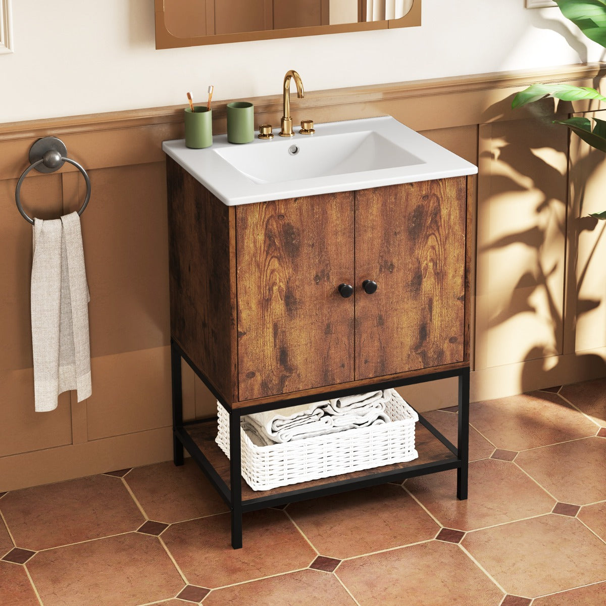 Unidad de Tocador para Baño con Lavabo de Cerámica Armario de Almacenamiento Bajo Lavabo con 2 Puertas y Estante Mueble Independiente Marrón