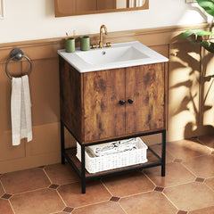 Unidad de Tocador para Baño con Lavabo de Cerámica Armario de Almacenamiento Bajo Lavabo con 2 Puertas y Estante Mueble Independiente Marrón