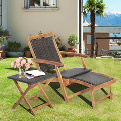 Juego de Tumbona con Otomana Retráctil Mesa Mimbre PE Plegables Muebles de Exterior Madera Acacia para Jardín Patio