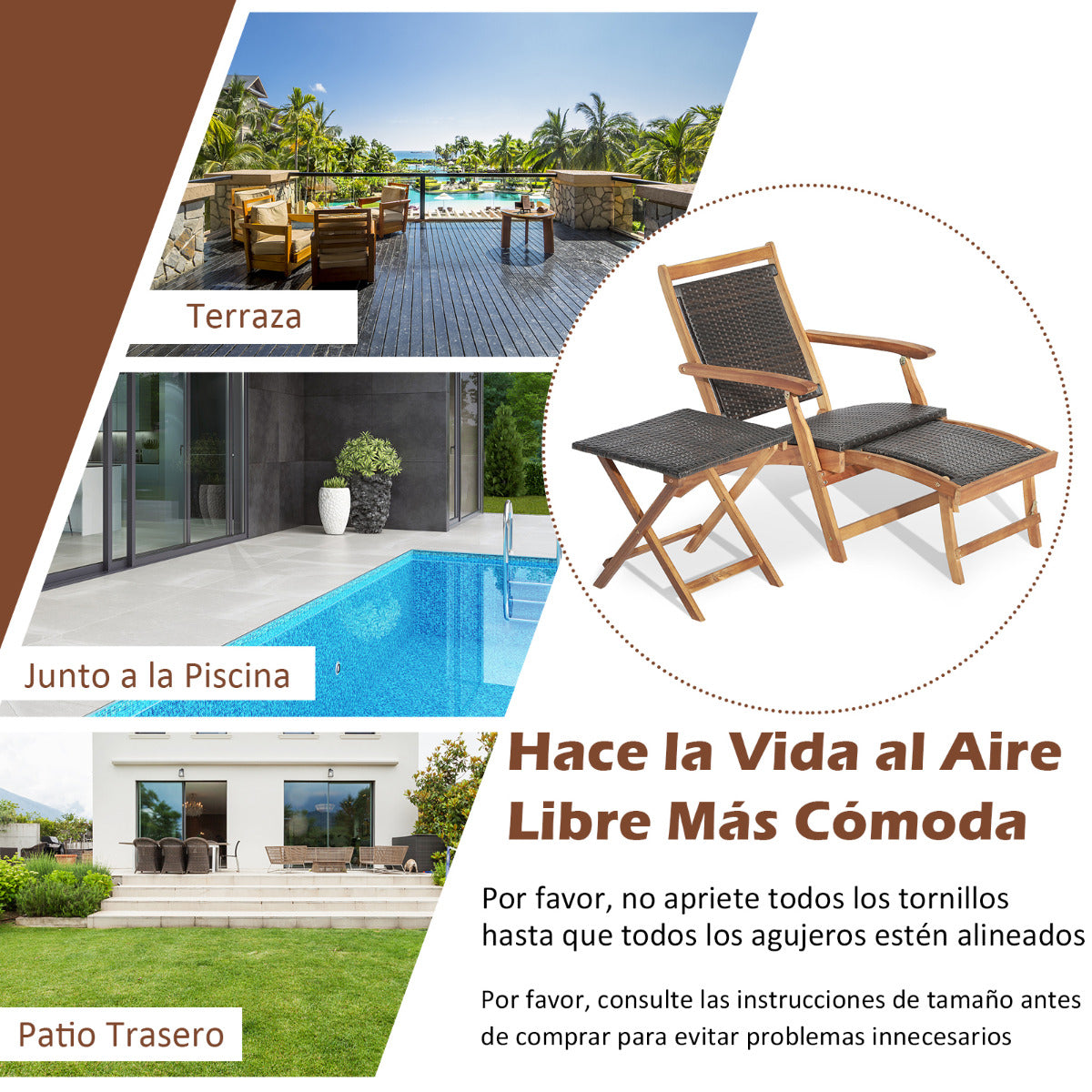 Juego de Tumbona con Otomana Retráctil Mesa Mimbre PE Plegables Muebles de Exterior Madera Acacia para Jardín Patio
