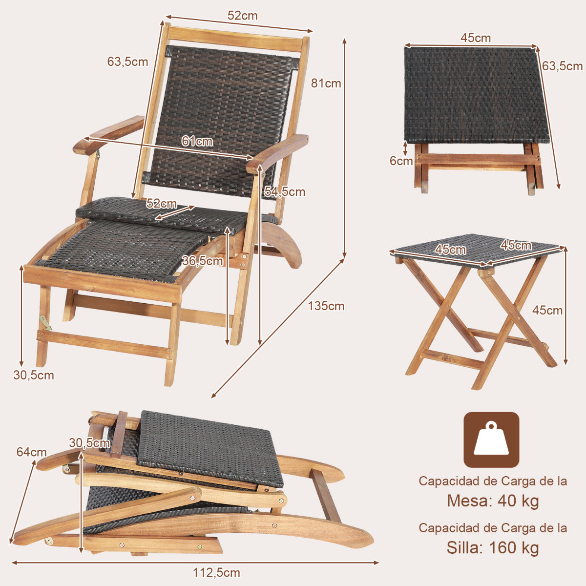 Juego de Tumbona con Otomana Retráctil Mesa Mimbre PE Plegables Muebles de Exterior Madera Acacia para Jardín Patio