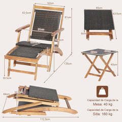 Juego de Tumbona con Otomana Retráctil Mesa Mimbre PE Plegables Muebles de Exterior Madera Acacia para Jardín Patio