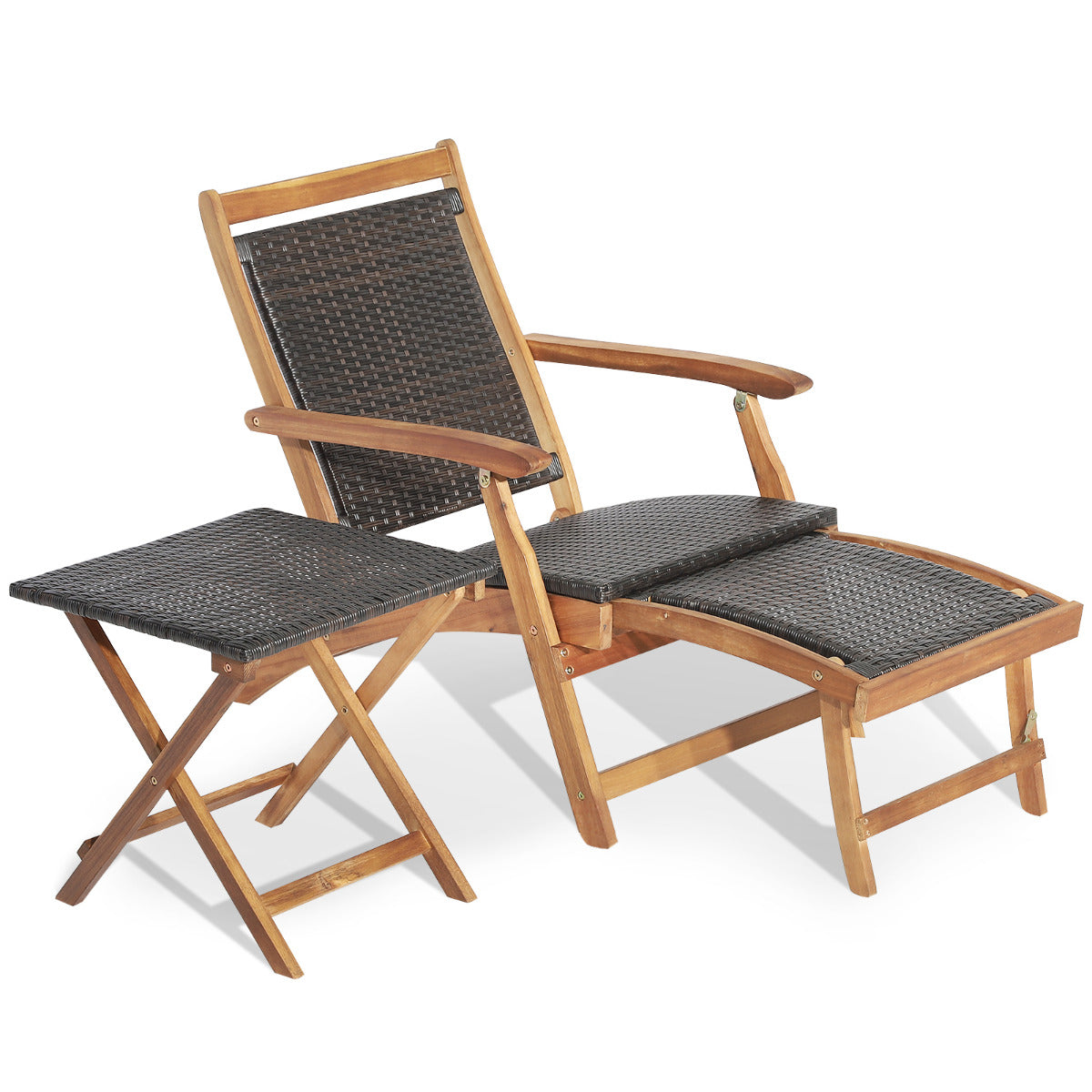 Juego de Tumbona con Otomana Retráctil Mesa Mimbre PE Plegables Muebles de Exterior Madera Acacia para Jardín Patio