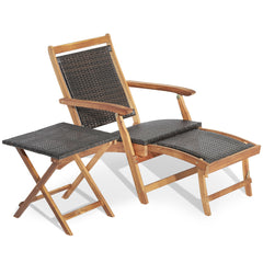 Juego de Tumbona con Otomana Retráctil Mesa Mimbre PE Plegables Muebles de Exterior Madera Acacia para Jardín Patio