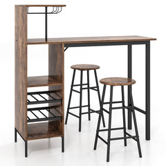 Juego de 3 Piezas Mesa y Sillas de Bar Mesa y Taburetes Industriales con Soportes para Copas Estantes para Comedor Cocina Café