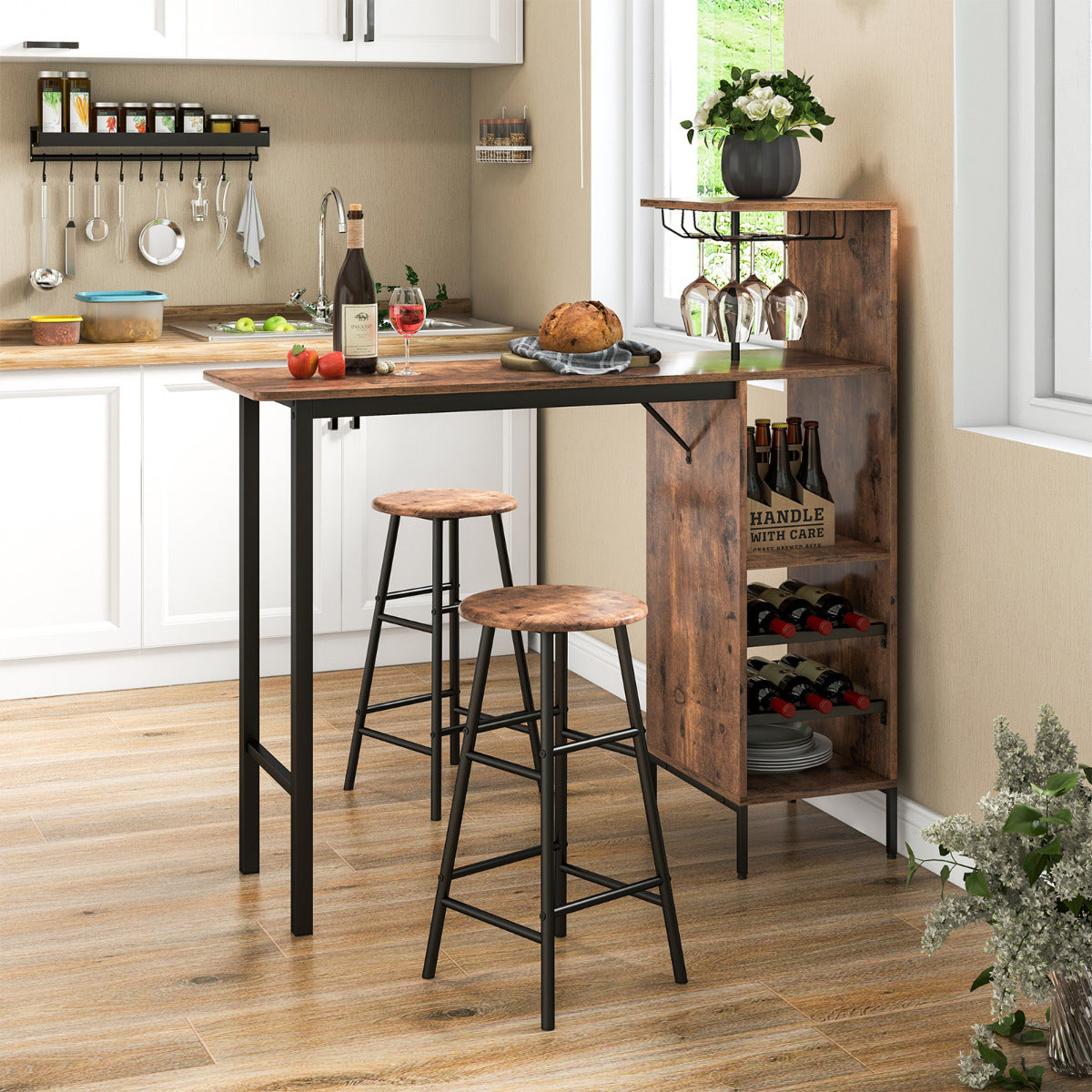 Juego de 3 Piezas Mesa y Sillas de Bar Mesa y Taburetes Industriales con Soportes para Copas Estantes para Comedor Cocina Café