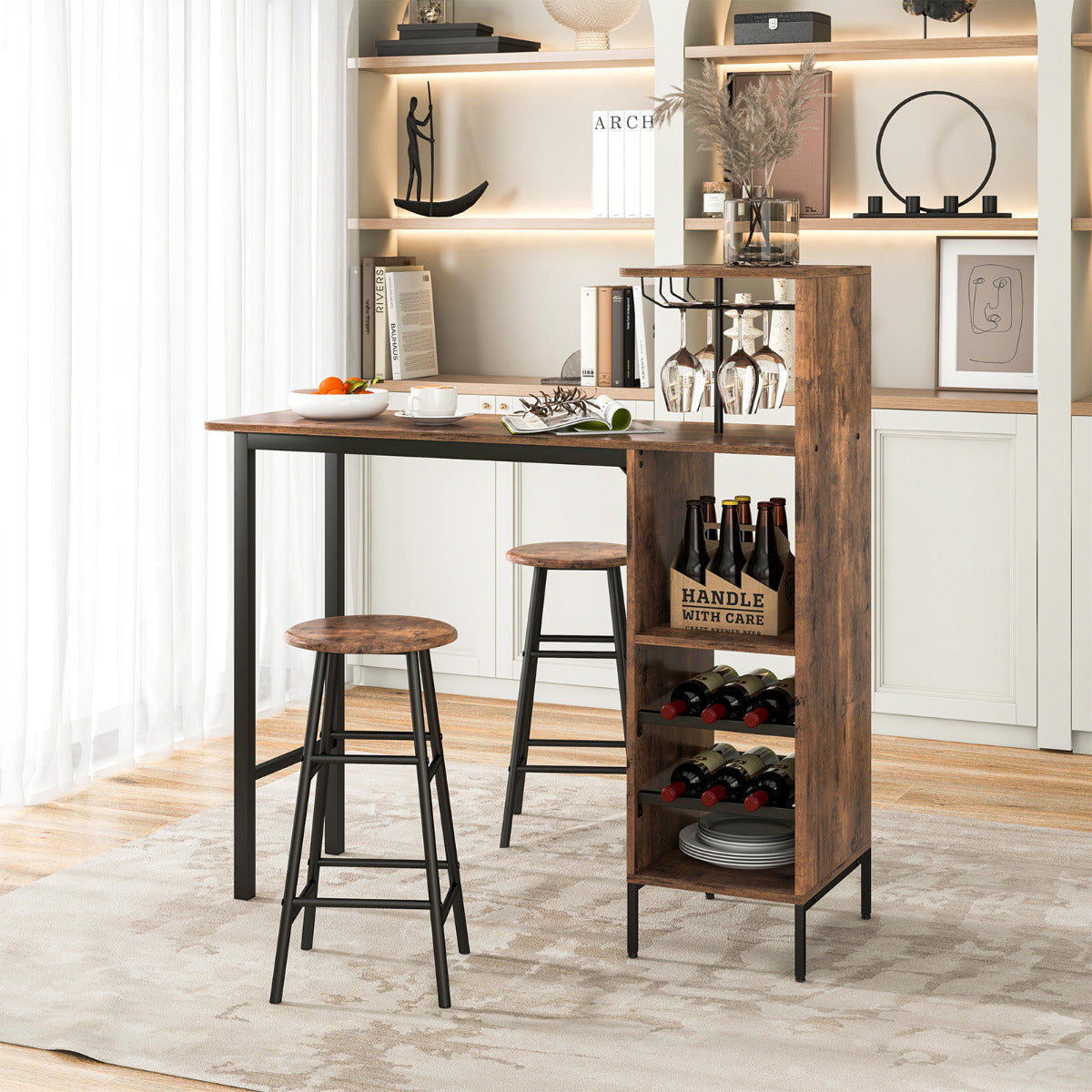 Juego de 3 Piezas Mesa y Sillas de Bar Mesa y Taburetes Industriales con Soportes para Copas Estantes para Comedor Cocina Café