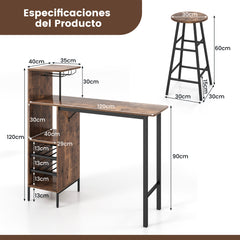 Juego de 3 Piezas Mesa y Sillas de Bar Mesa y Taburetes Industriales con Soportes para Copas Estantes para Comedor Cocina Café
