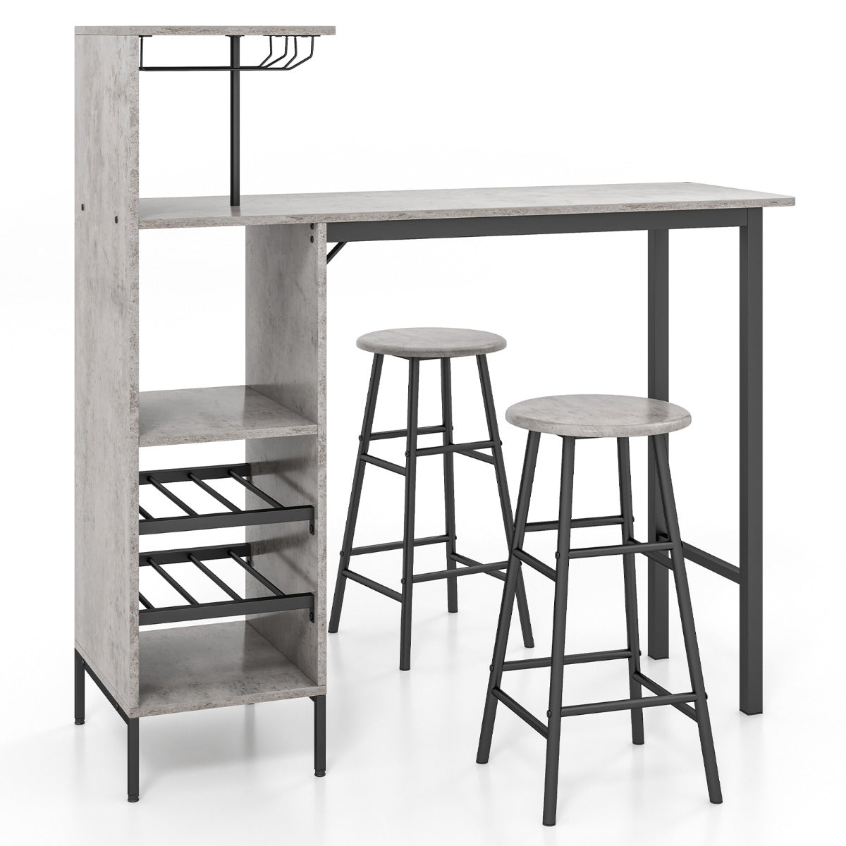 Juego de 3 Piezas Mesa y Sillas de Bar Mesa y Taburetes Industriales con Soportes para Copas Estantes para Comedor Cocina Gris