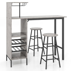 Juego de 3 Piezas Mesa y Sillas de Bar Mesa y Taburetes Industriales con Soportes para Copas Estantes para Comedor Cocina Gris