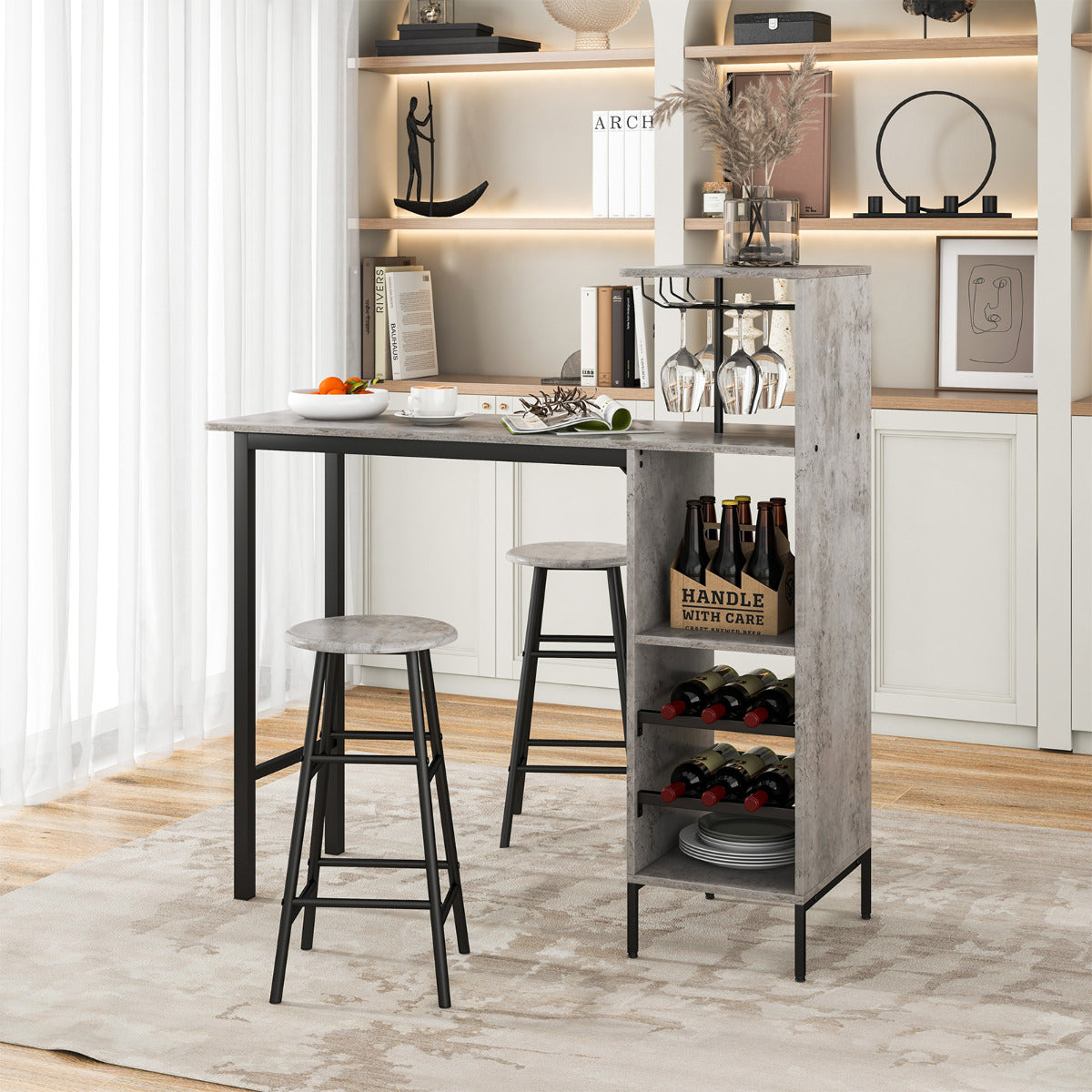 Juego de 3 Piezas Mesa y Sillas de Bar Mesa y Taburetes Industriales con Soportes para Copas Estantes para Comedor Cocina Gris