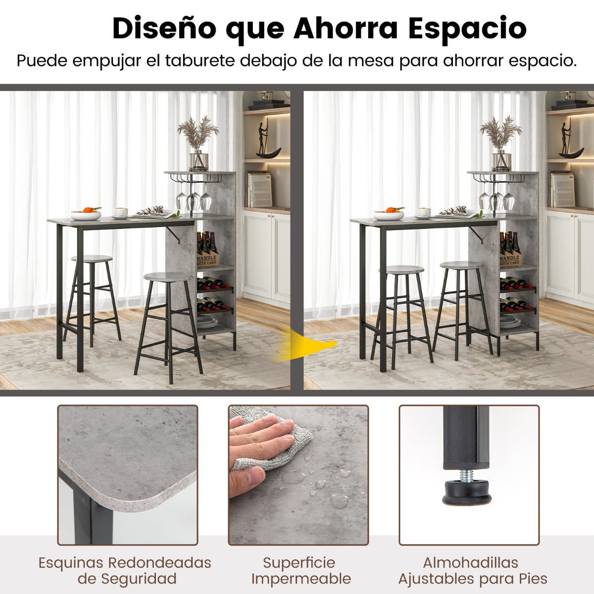 Juego de 3 Piezas Mesa y Sillas de Bar Mesa y Taburetes Industriales con Soportes para Copas Estantes para Comedor Cocina Gris