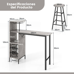 Juego de 3 Piezas Mesa y Sillas de Bar Mesa y Taburetes Industriales con Soportes para Copas Estantes para Comedor Cocina Gris