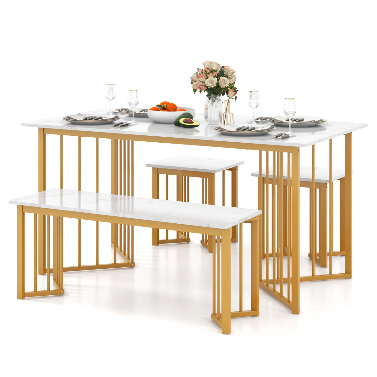Juego Muebles Comedor 4 Piezas Mesa Rectangular con Banco y 2 Taburetes Patas de Metal Grano de Mármol para Espacios Pequeños Blanco