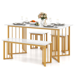 Juego Muebles Comedor 4 Piezas Mesa Rectangular con Banco y 2 Taburetes Patas de Metal Grano de Mármol para Espacios Pequeños Blanco