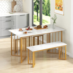 Juego Muebles Comedor 4 Piezas Mesa Rectangular con Banco y 2 Taburetes Patas de Metal Grano de Mármol para Espacios Pequeños Blanco