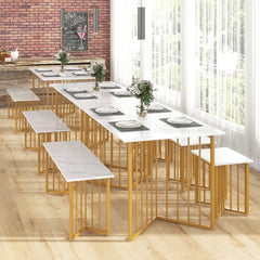 Juego Muebles Comedor 4 Piezas Mesa Rectangular con Banco y 2 Taburetes Patas de Metal Grano de Mármol para Espacios Pequeños Blanco