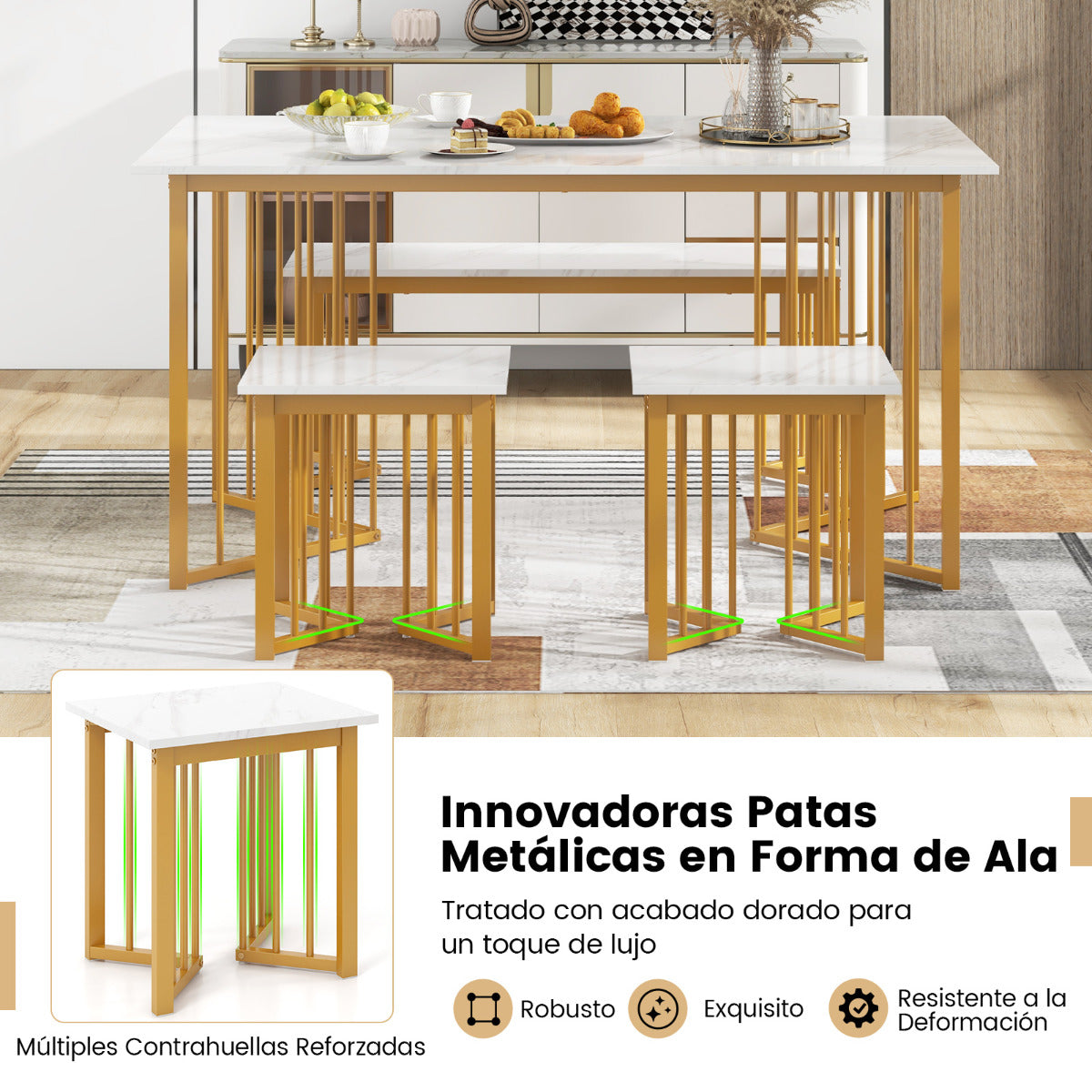 Juego Muebles Comedor 4 Piezas Mesa Rectangular con Banco y 2 Taburetes Patas de Metal Grano de Mármol para Espacios Pequeños Blanco