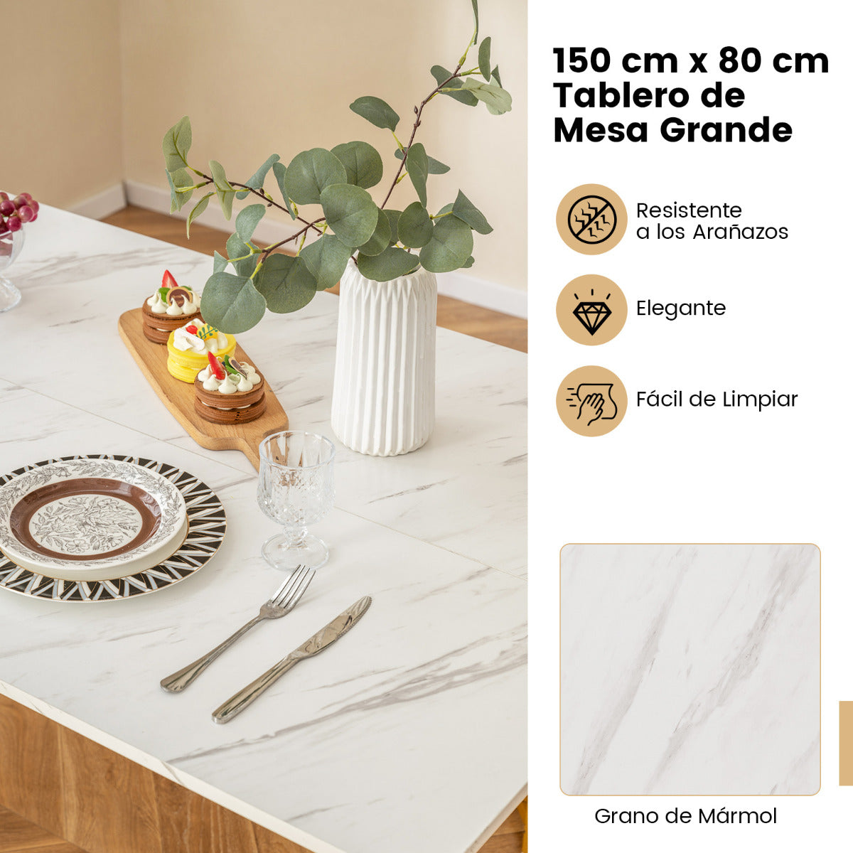 Juego Muebles Comedor 4 Piezas Mesa Rectangular con Banco y 2 Taburetes Patas de Metal Grano de Mármol para Espacios Pequeños Blanco