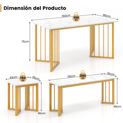 Juego Muebles Comedor 4 Piezas Mesa Rectangular con Banco y 2 Taburetes Patas de Metal Grano de Mármol para Espacios Pequeños Blanco