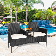 Juego Sofá y Mesa de Cristal de Ratán PE con Cojines Banco de Conversación Moderno para Jardín Piscina Patio 138 x 61 x 85 cm Blanco