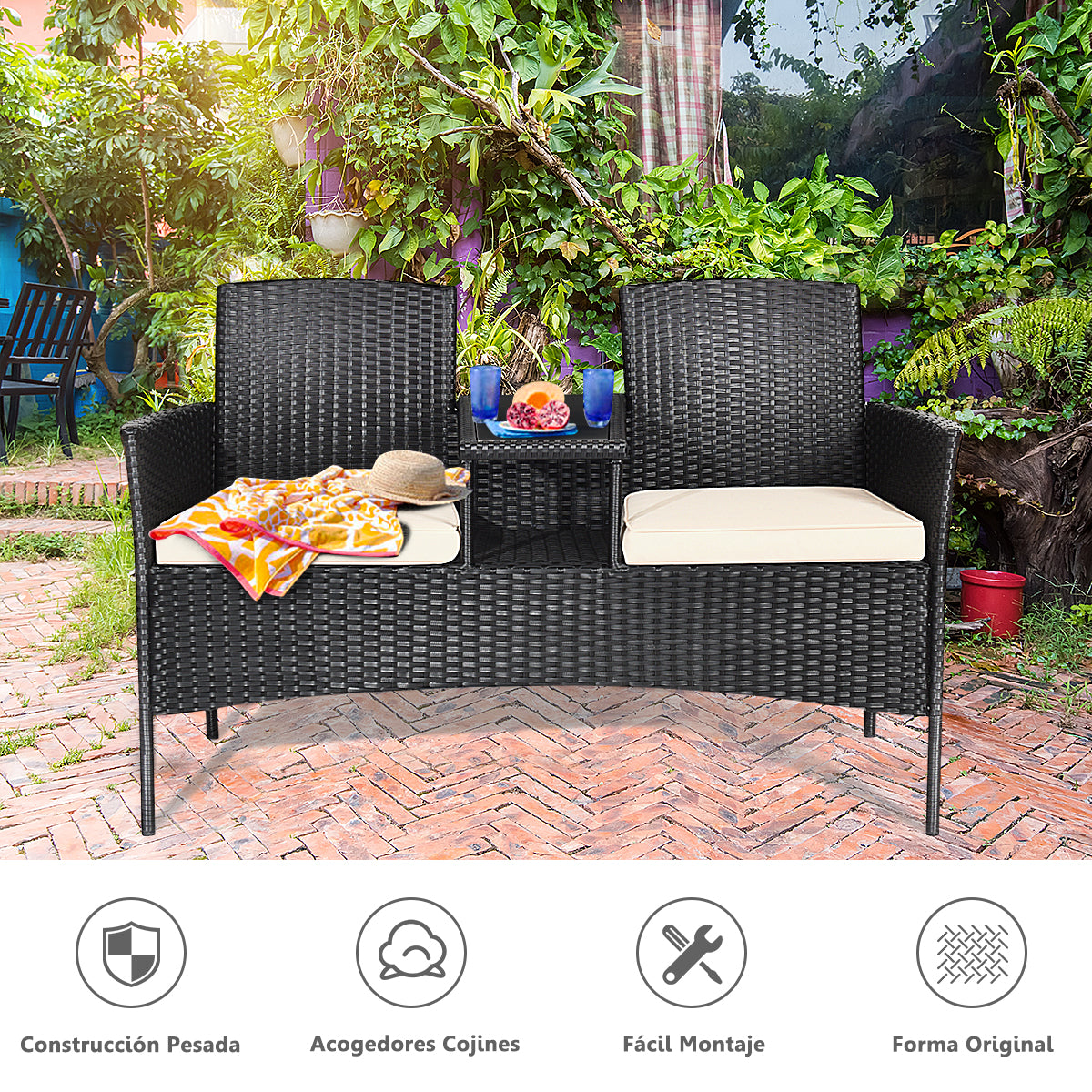 Juego Sofá y Mesa de Cristal de Ratán PE con Cojines Banco de Conversación Moderno para Jardín Piscina Patio 138 x 61 x 85 cm Blanco