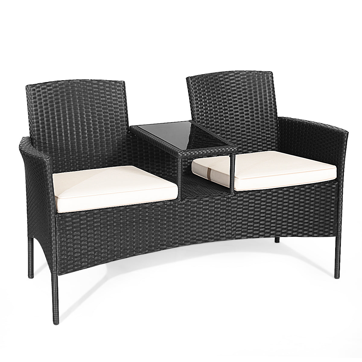 Juego Sofá y Mesa de Cristal de Ratán PE con Cojines Banco de Conversación Moderno para Jardín Piscina Patio 138 x 61 x 85 cm Blanco
