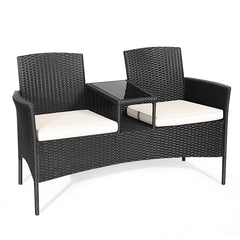Juego Sofá y Mesa de Cristal de Ratán PE con Cojines Banco de Conversación Moderno para Jardín Piscina Patio 138 x 61 x 85 cm Blanco