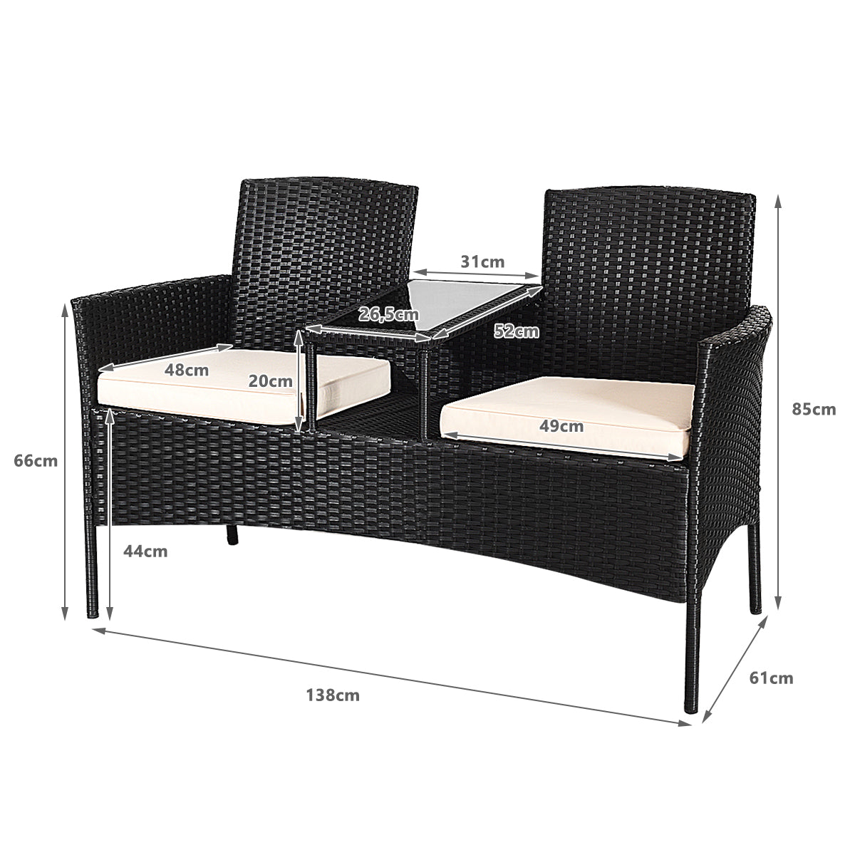 Juego Sofá y Mesa de Cristal de Ratán PE con Cojines Banco de Conversación Moderno para Jardín Piscina Patio 138 x 61 x 85 cm Blanco