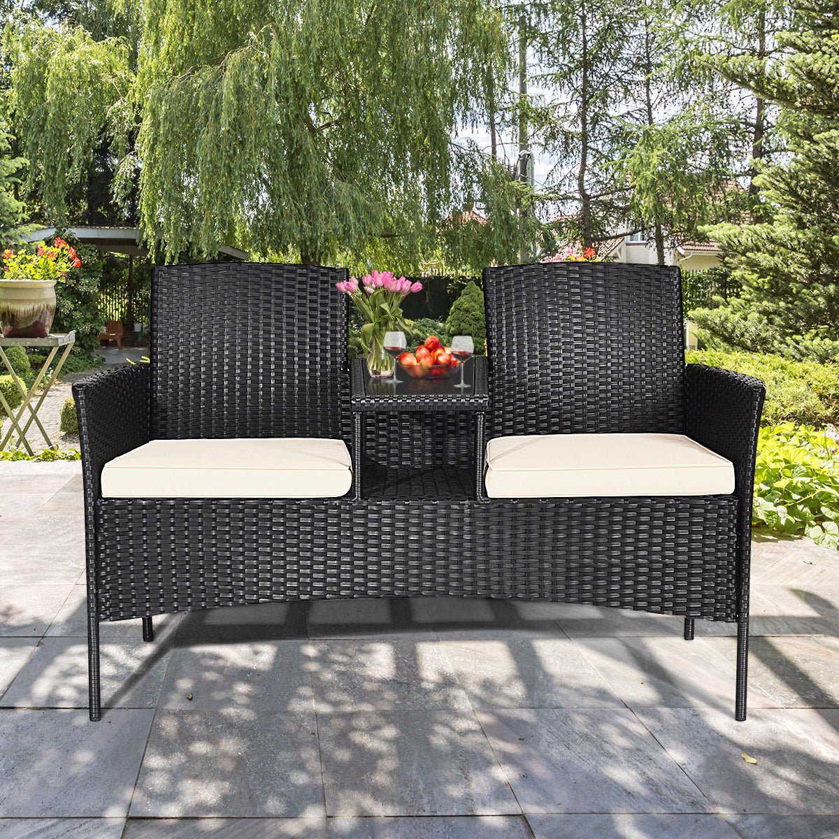 Juego Sofá y Mesa de Cristal de Ratán PE con Cojines Banco de Conversación Moderno para Jardín Piscina Patio 138 x 61 x 85 cm Blanco