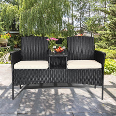 Juego Sofá y Mesa de Cristal de Ratán PE con Cojines Banco de Conversación Moderno para Jardín Piscina Patio 138 x 61 x 85 cm Blanco