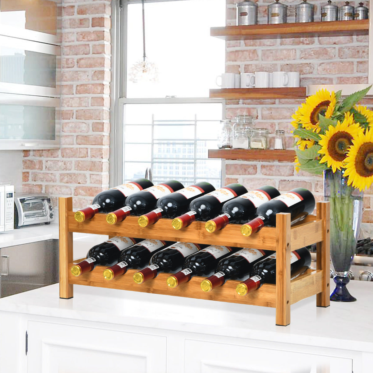 Estante para Vinos 2 Niveles de Bambú Organizador Expositor Vinos para 12 Botellas Porta Botellas para Cocina Despensa Bodega Natural