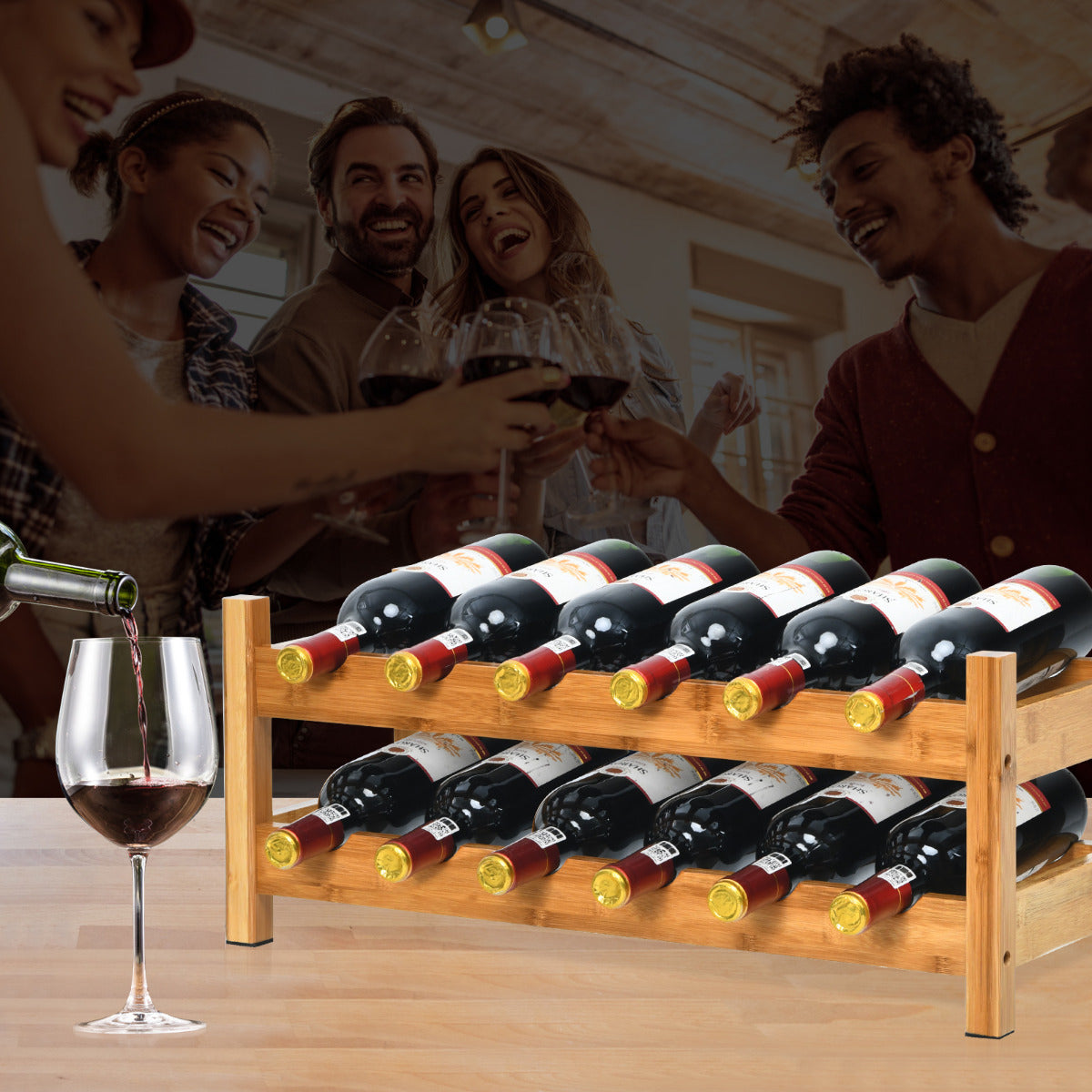 Estante para Vinos 2 Niveles de Bambú Organizador Expositor Vinos para 12 Botellas Porta Botellas para Cocina Despensa Bodega Natural