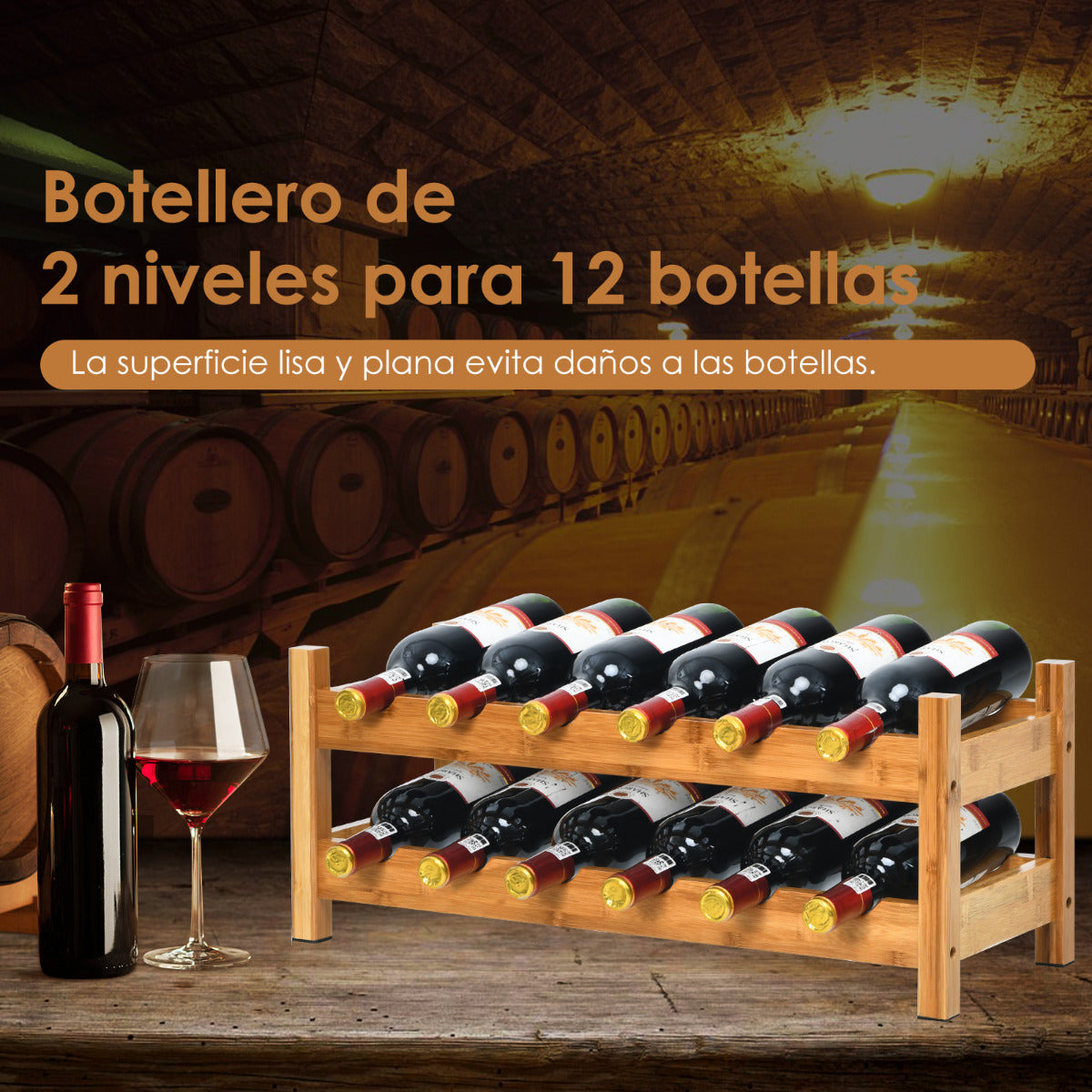 Estante para Vinos 2 Niveles de Bambú Organizador Expositor Vinos para 12 Botellas Porta Botellas para Cocina Despensa Bodega Natural