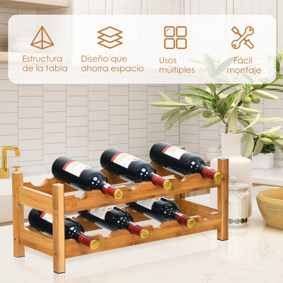 Estante para Vinos 2 Niveles de Bambú Organizador Expositor Vinos para 12 Botellas Porta Botellas para Cocina Despensa Bodega Natural