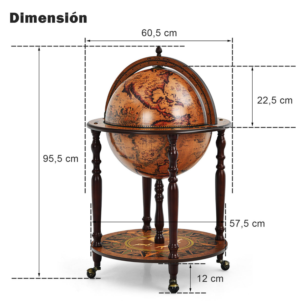 Stand para Vinos 45 cm Forma de Globo Armario Botellero Siglo XVI von Carta Náutica Estante Retro Despensa para Botellas de Vino Marrón