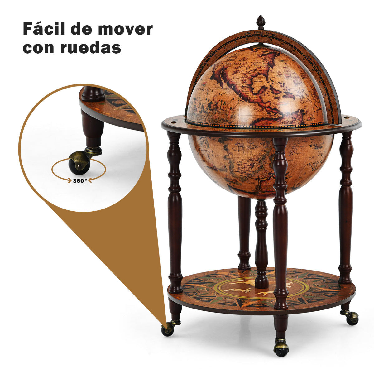 Stand para Vinos 45 cm Forma de Globo Armario Botellero Siglo XVI von Carta Náutica Estante Retro Despensa para Botellas de Vino Marrón