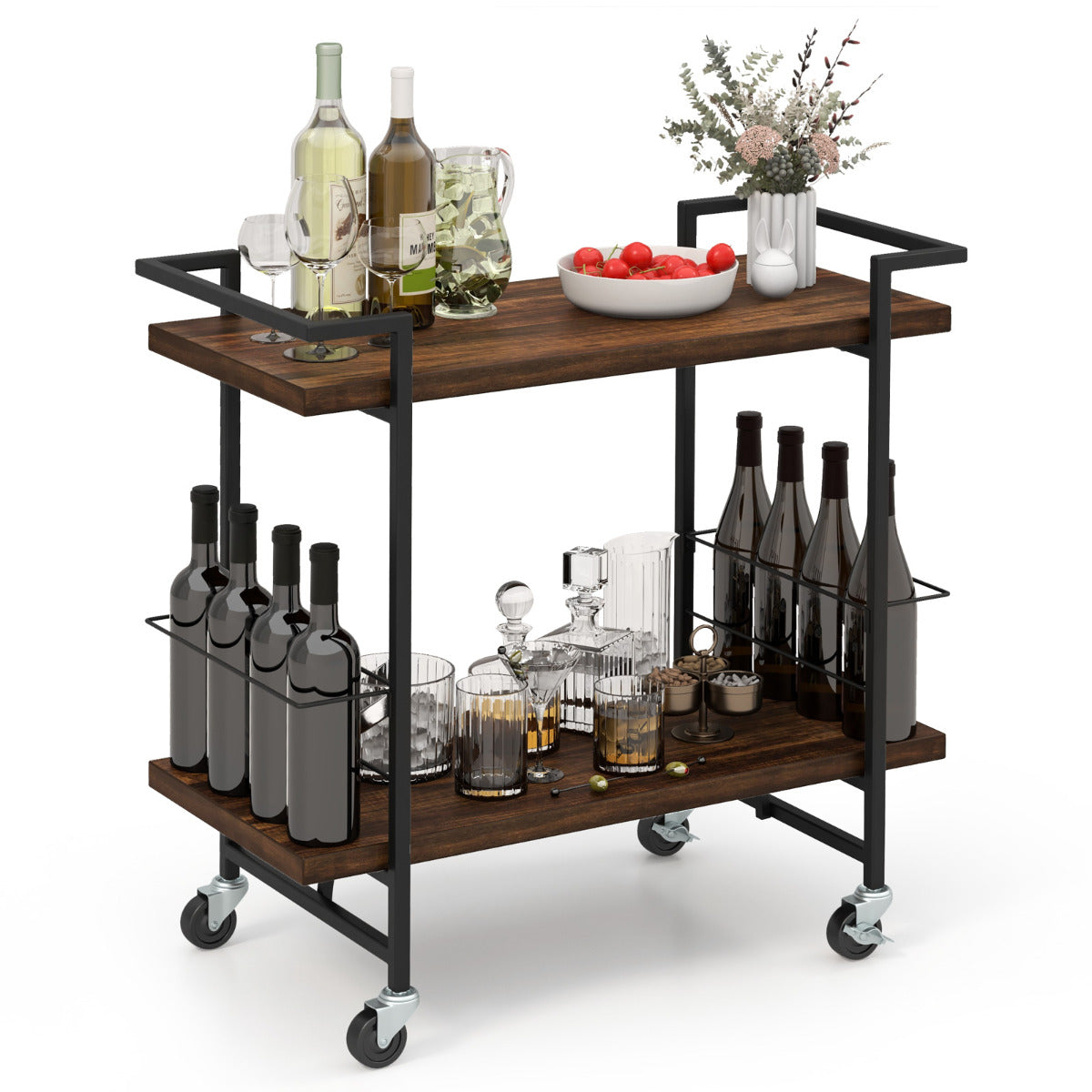 Carrito de Cocina 2 Niveles Carro para Servir con Ruedas Barandilla Anticaída Marco de Metal Almacenamiento de Bebidas para Comedor Marrón