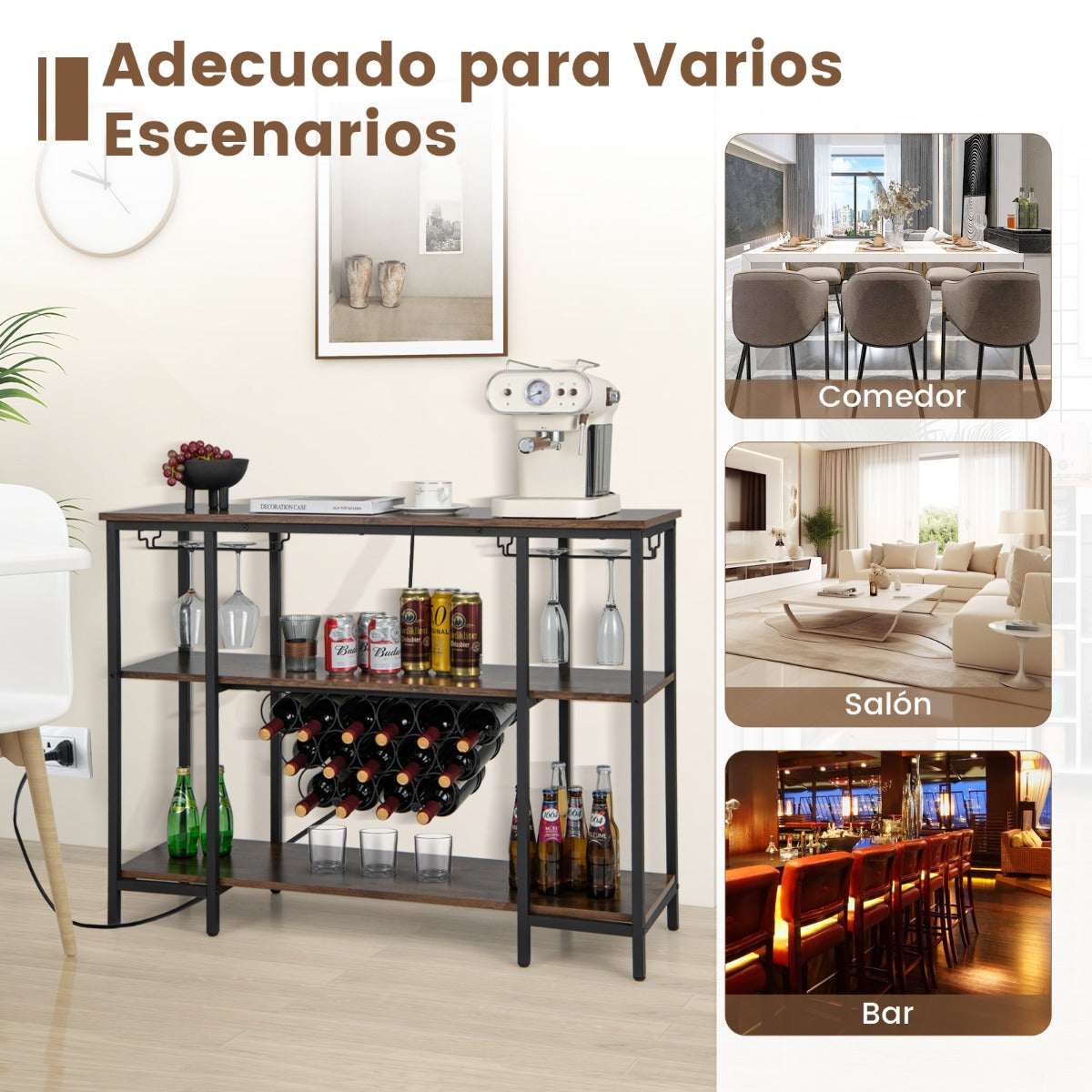 Armario Bar de Vinos con Estación de Carga 2 Portavasos para 15 Botellas Estantes Industrial para Hogar Cocina 113 x 35 x 85 cm Marrón
