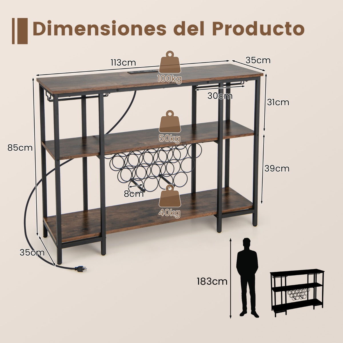 Armario Bar de Vinos con Estación de Carga 2 Portavasos para 15 Botellas Estantes Industrial para Hogar Cocina 113 x 35 x 85 cm Marrón