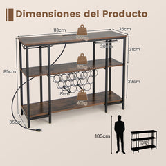 Armario Bar de Vinos con Estación de Carga 2 Portavasos para 15 Botellas Estantes Industrial para Hogar Cocina 113 x 35 x 85 cm Marrón