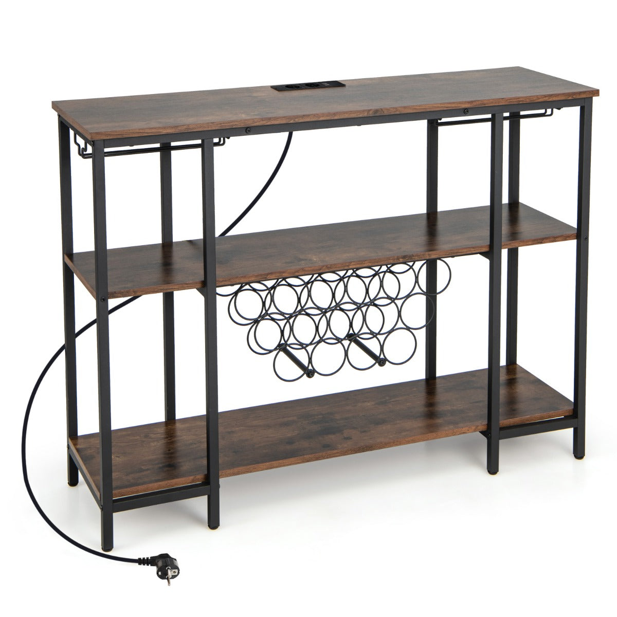 Armario Bar de Vinos con Estación de Carga 2 Portavasos para 15 Botellas Estantes Industrial para Hogar Cocina 113 x 35 x 85 cm Marrón