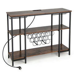 Armario Bar de Vinos con Estación de Carga 2 Portavasos para 15 Botellas Estantes Industrial para Hogar Cocina 113 x 35 x 85 cm Marrón