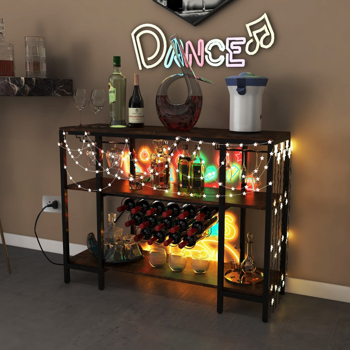 Armario Bar de Vinos con Estación de Carga 2 Portavasos para 15 Botellas Estantes Industrial para Hogar Cocina 113 x 35 x 85 cm Marrón