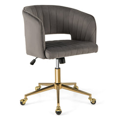 Silla de Terciopelo Giratoria con Respaldo y Asiento Capitoné Base Dorada y Ruedas Giratorias Altura Ajustable Función Inclinación Gris