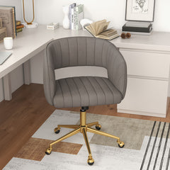 Silla de Terciopelo Giratoria con Respaldo y Asiento Capitoné Base Dorada y Ruedas Giratorias Altura Ajustable Función Inclinación Gris