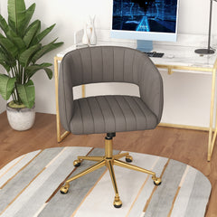 Silla de Terciopelo Giratoria con Respaldo y Asiento Capitoné Base Dorada y Ruedas Giratorias Altura Ajustable Función Inclinación Gris